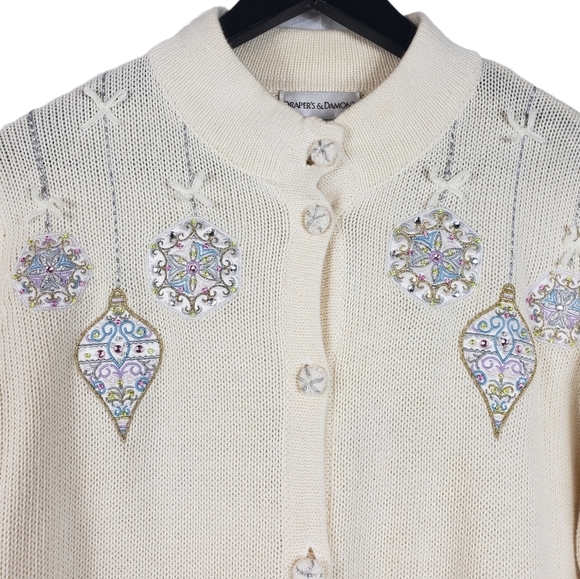 Vintage Embroidered Cardigan Sz Large Sequin Christmas Holiday Ornament  Sweater - Picture 6 of 12